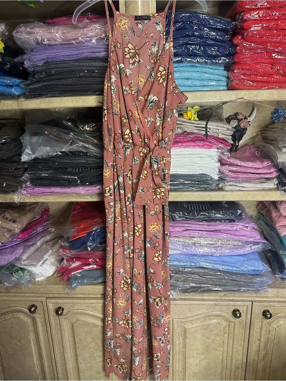 Tie-Waist Floral Maxi Dress in Dusty Rose